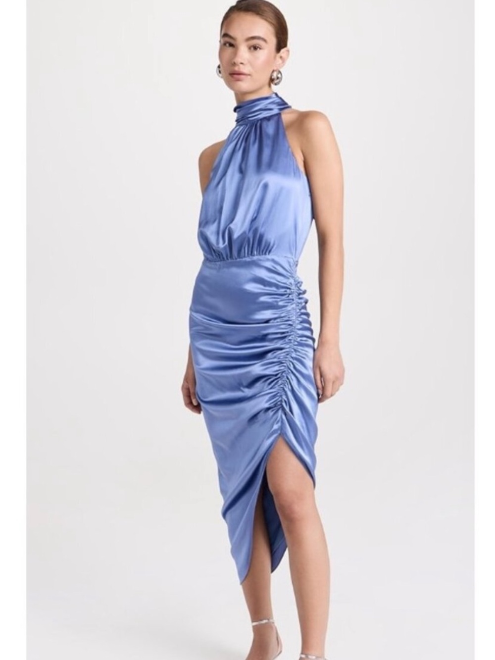 Veronica Beard Gabriella asymmetric ruched silk halter back neck tie dress